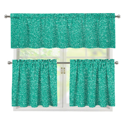 Turquoise (NOT Real) Glitter Print 3 Piece Kitchen Curtains
