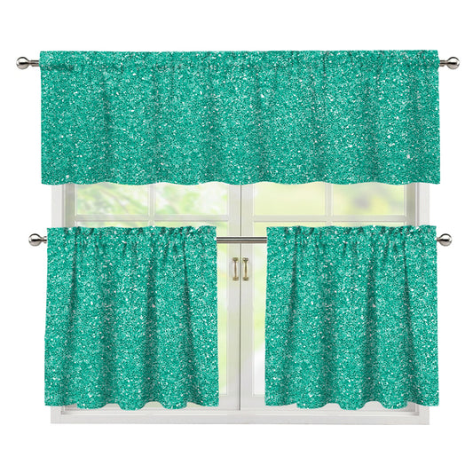 Turquoise (NOT Real) Glitter Print 3 Piece Kitchen Curtains