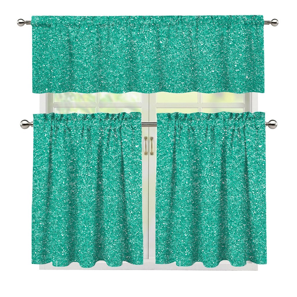 Turquoise (NOT Real) Glitter Print 3 Piece Kitchen Curtains