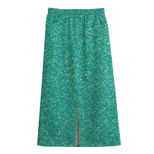 Turquoise (NOT Real) Glitter Print Cotton Front Slit Maxi Skirt