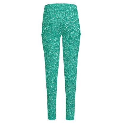 Turquoise (NOT Real) Glitter Print High-Waisted Pocket Leggings