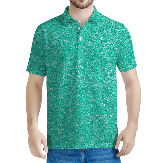 Turquoise (NOT Real) Glitter Print Men's Polo Shirt