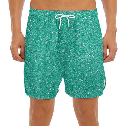 Turquoise (NOT Real) Glitter Print Men's Split Running Shorts