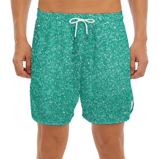 Turquoise (NOT Real) Glitter Print Men's Split Running Shorts