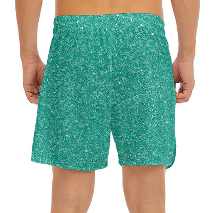 Turquoise (NOT Real) Glitter Print Men's Split Running Shorts