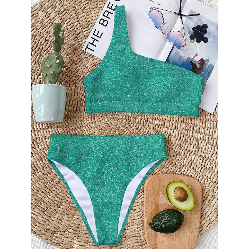 Turquoise (NOT Real) Glitter Print One Shoulder Bikini Top