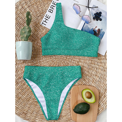 Turquoise (NOT Real) Glitter Print One Shoulder Bikini Top