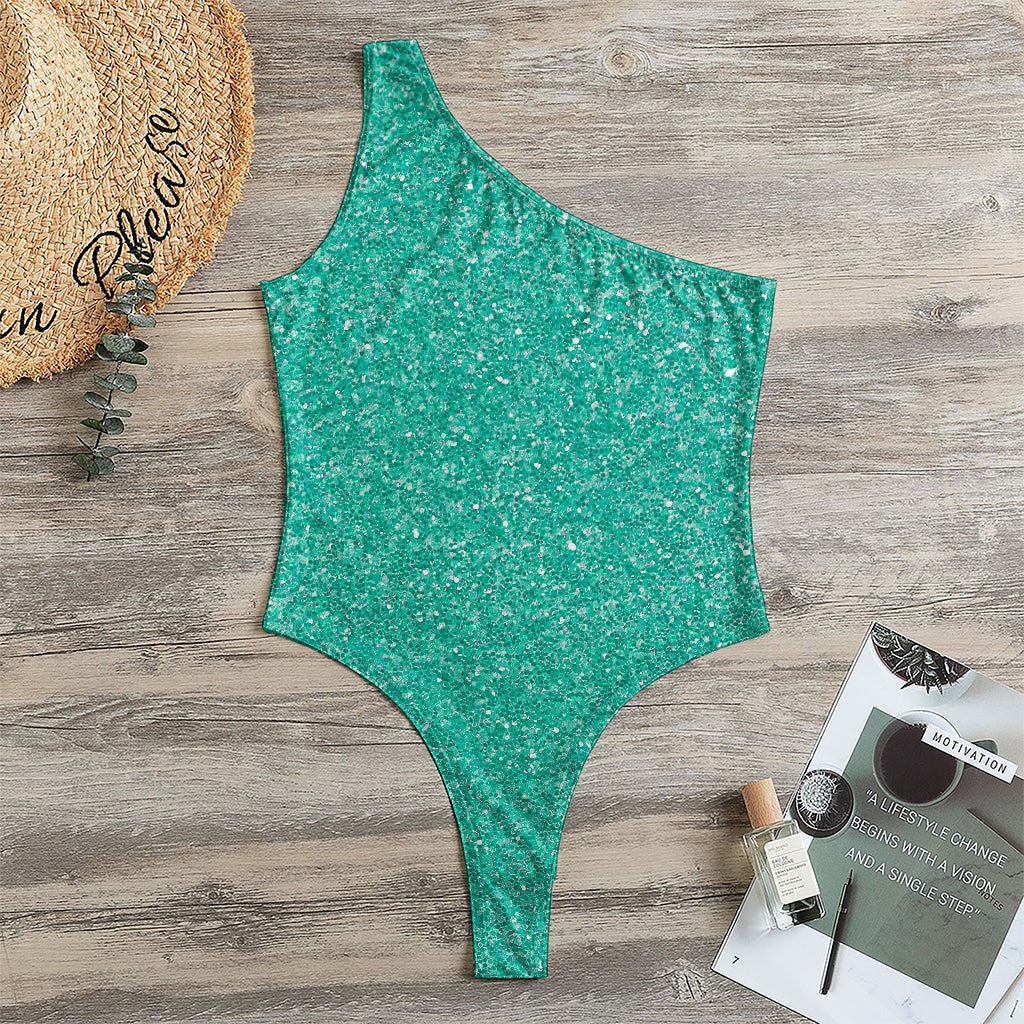 Turquoise (NOT Real) Glitter Print One Shoulder Bodysuit