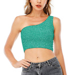 Turquoise (NOT Real) Glitter Print One Shoulder Crop Top
