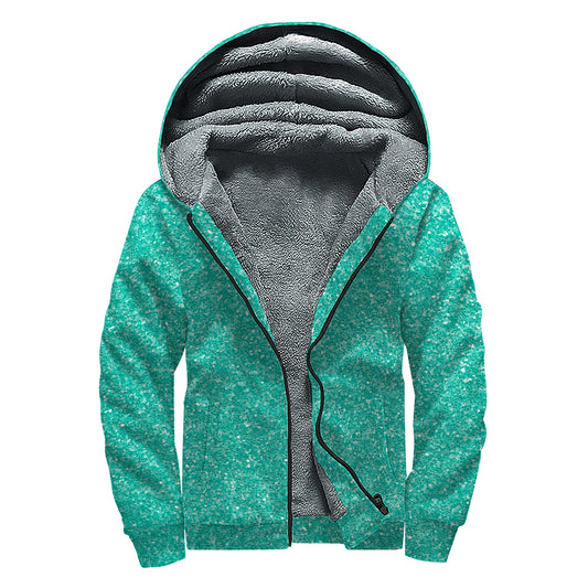 Turquoise (NOT Real) Glitter Print Sherpa Lined Zip Up Hoodie