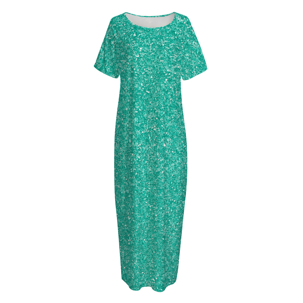 Turquoise (NOT Real) Glitter Print Short Sleeve Long Nightdress