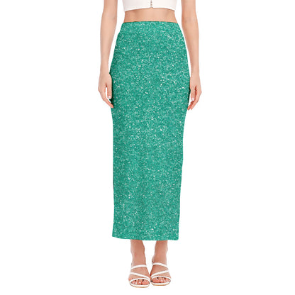 Turquoise (NOT Real) Glitter Print Side Slit Maxi Skirt