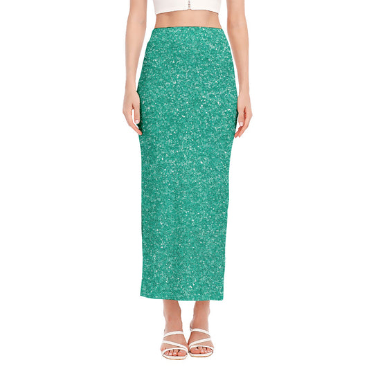 Turquoise (NOT Real) Glitter Print Side Slit Maxi Skirt