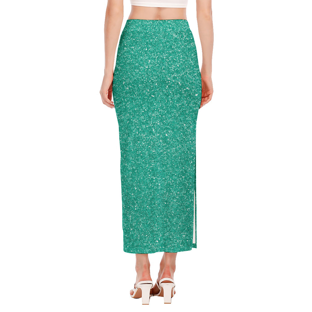 Turquoise (NOT Real) Glitter Print Side Slit Maxi Skirt