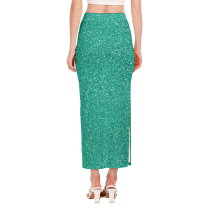 Turquoise (NOT Real) Glitter Print Side Slit Maxi Skirt