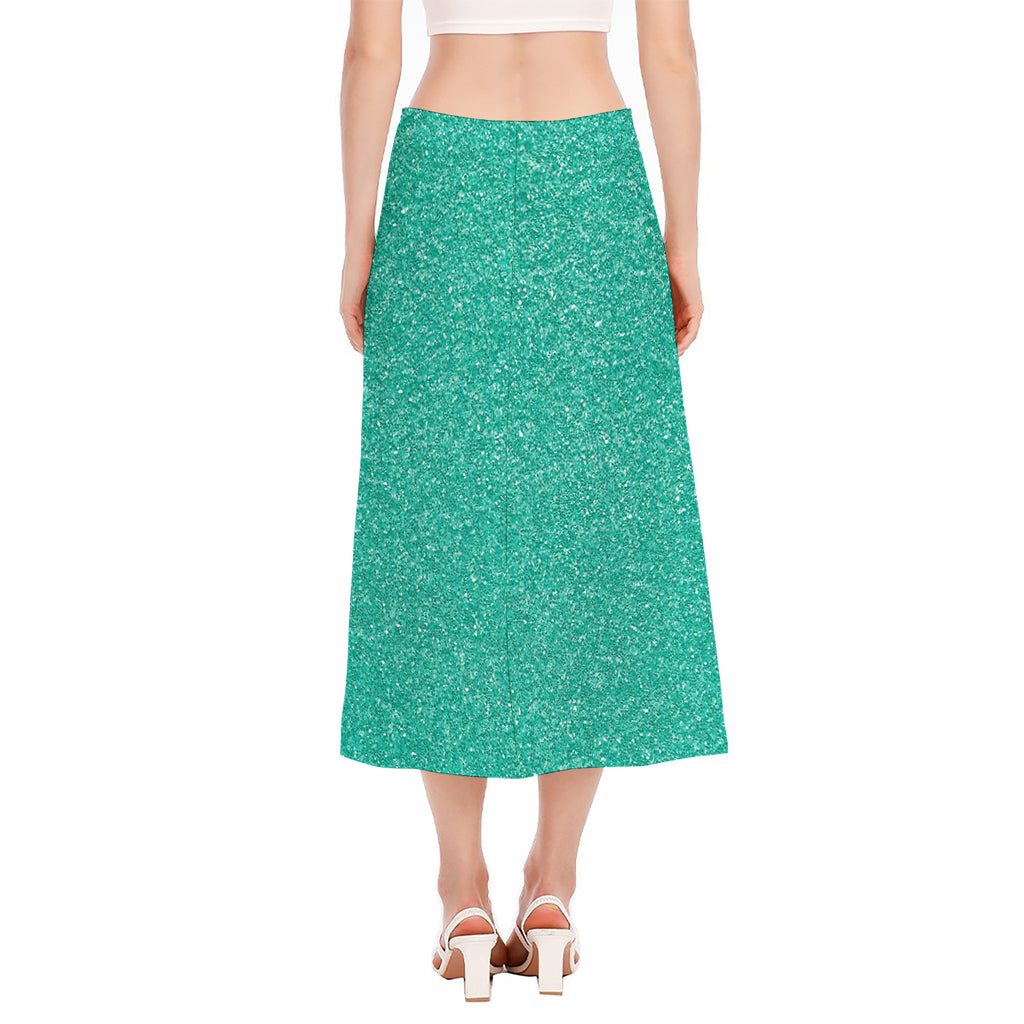 Turquoise (NOT Real) Glitter Print Side Slit Midi Skirt