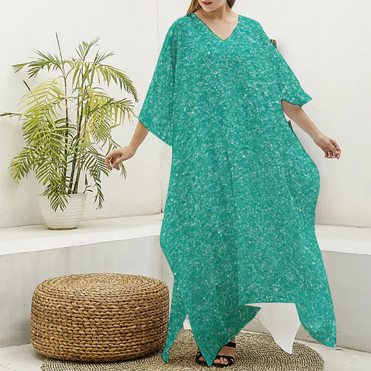 Turquoise (NOT Real) Glitter Print Silk V-Neck Kaftan Dress