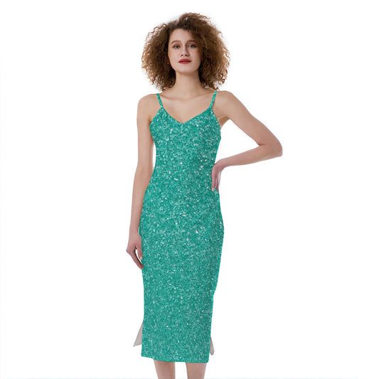 Turquoise (NOT Real) Glitter Print Slim Fit Midi Cami Dress