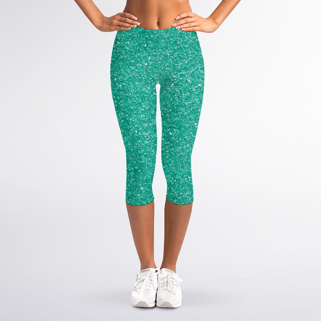 Turquoise (NOT Real) Glitter Print Women's Capri Leggings