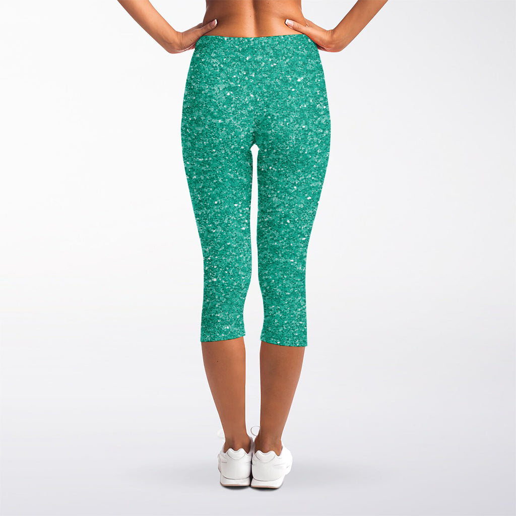 Turquoise (NOT Real) Glitter Print Women's Capri Leggings
