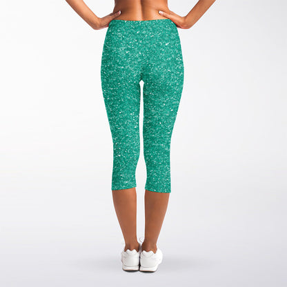 Turquoise (NOT Real) Glitter Print Women's Capri Leggings