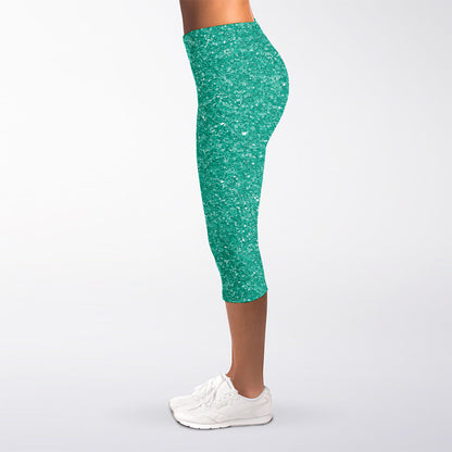 Turquoise (NOT Real) Glitter Print Women's Capri Leggings