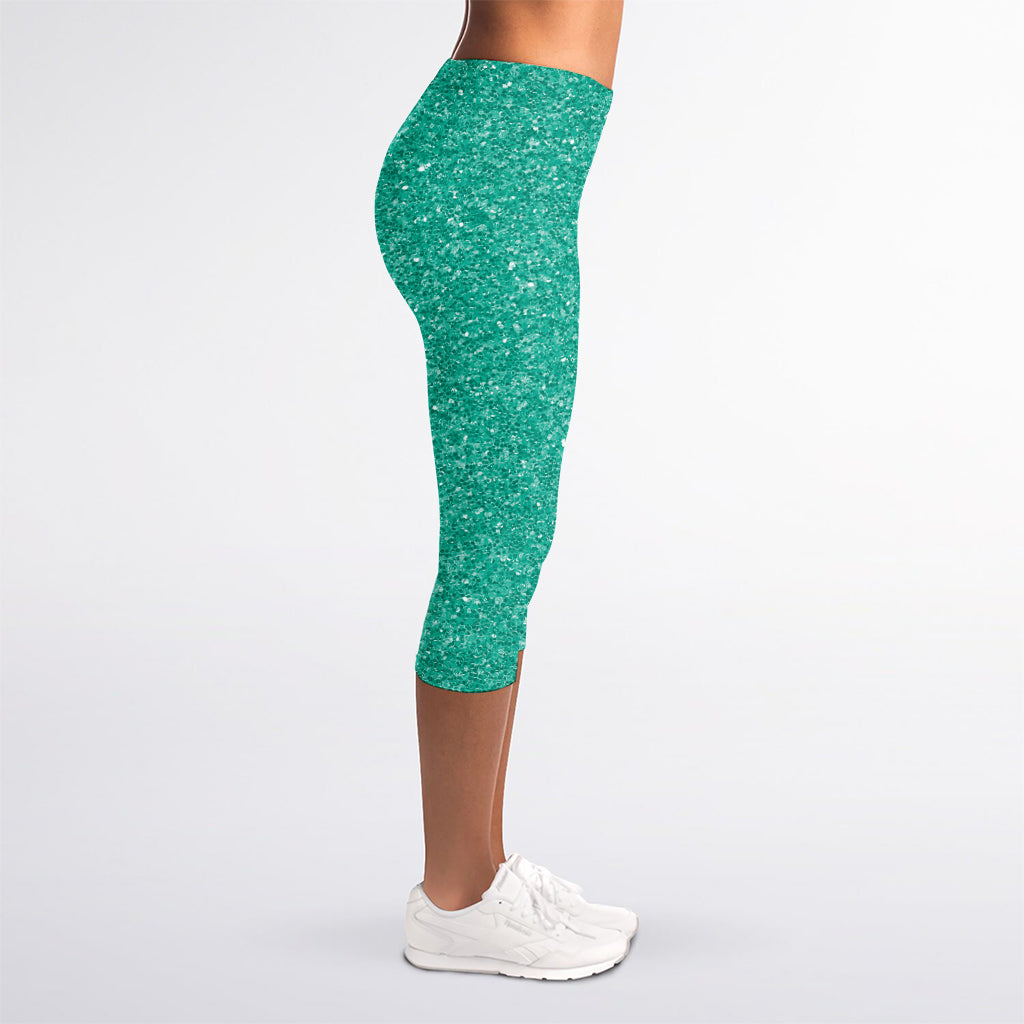Turquoise (NOT Real) Glitter Print Women's Capri Leggings