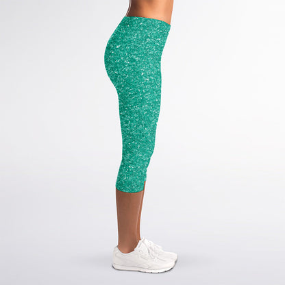 Turquoise (NOT Real) Glitter Print Women's Capri Leggings