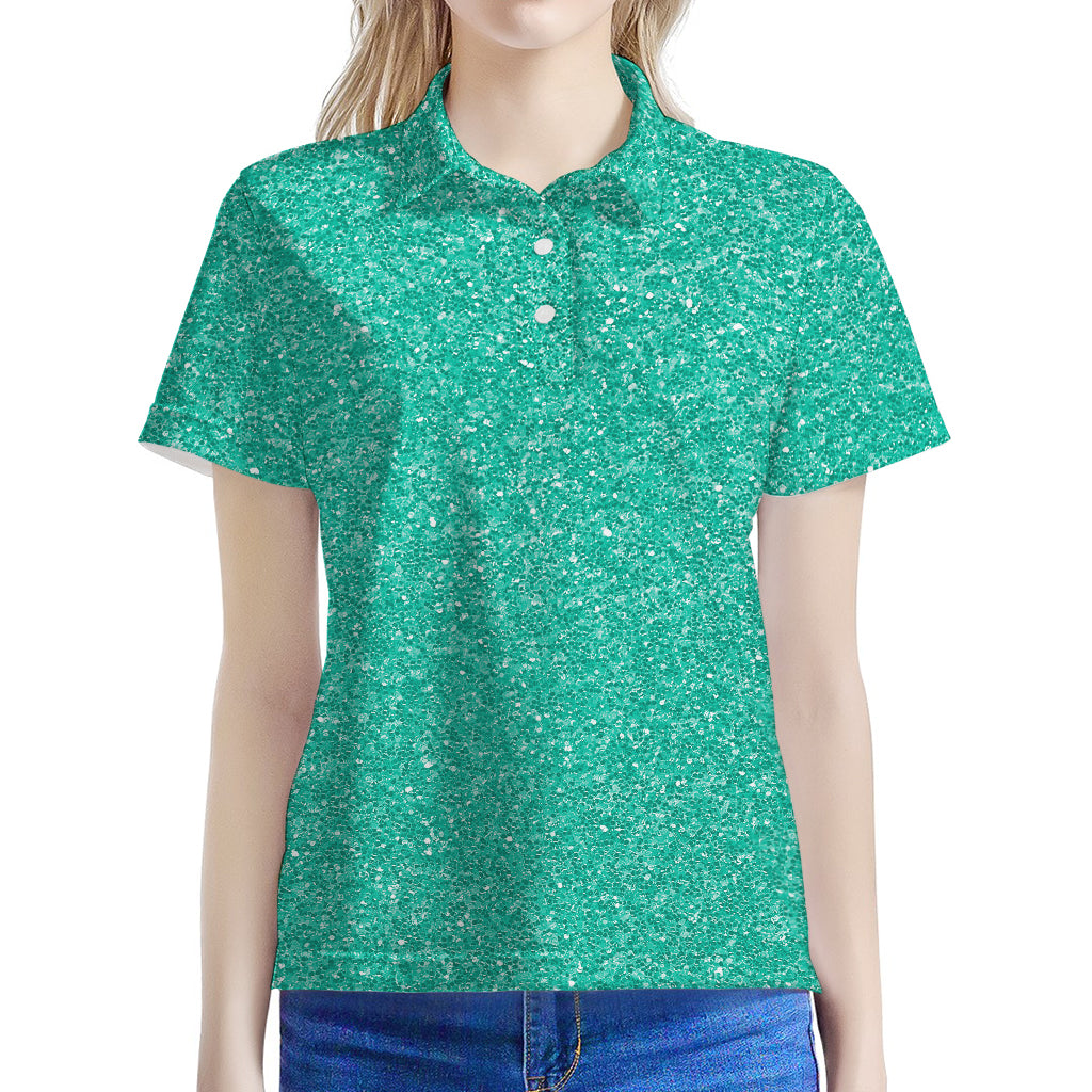 Turquoise (NOT Real) Glitter Print Women's Polo Shirt