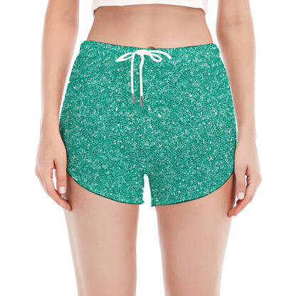 Turquoise (NOT Real) Glitter Print Women's Split Running Shorts