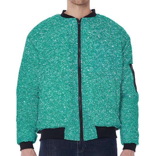 Turquoise (NOT Real) Glitter Print Zip Sleeve Bomber Jacket