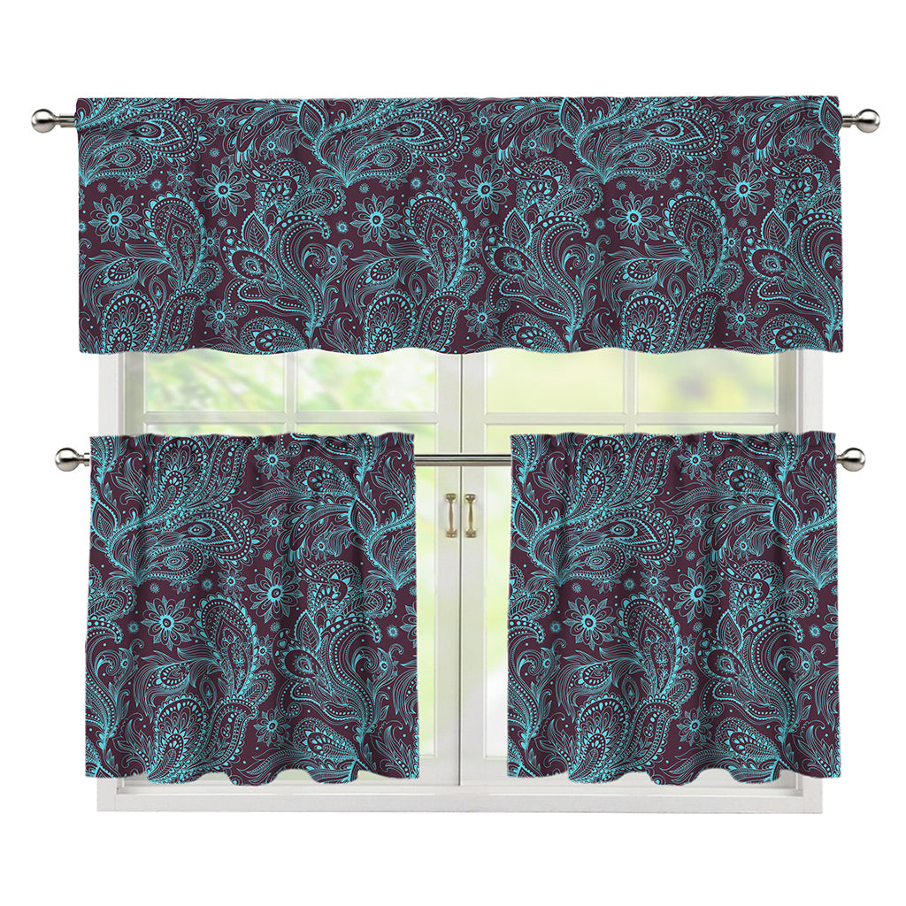 Turquoise Paisley Pattern Print 3 Piece Kitchen Curtains