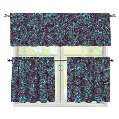 Turquoise Paisley Pattern Print 3 Piece Kitchen Curtains