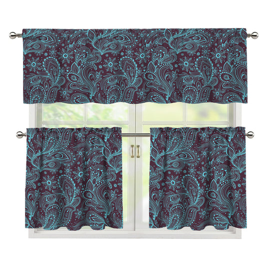 Turquoise Paisley Pattern Print 3 Piece Kitchen Curtains