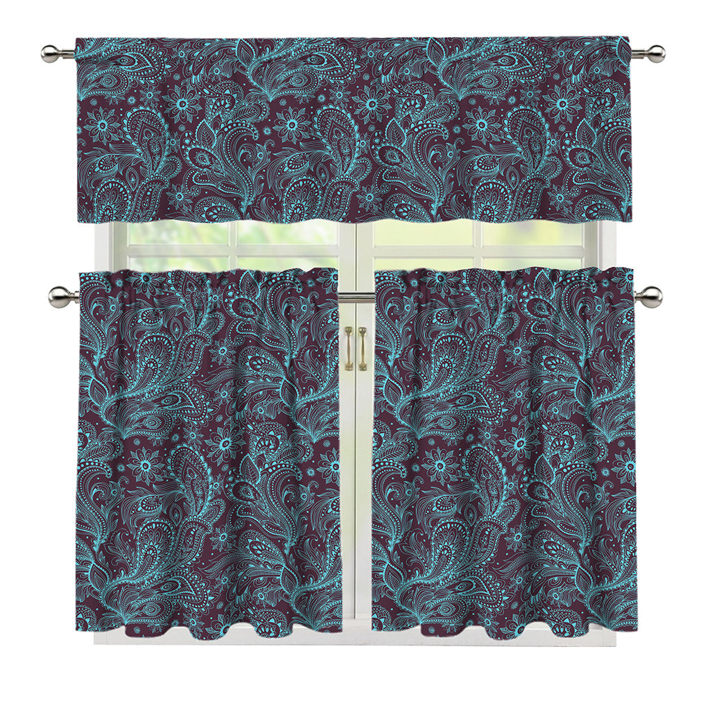 Turquoise Paisley Pattern Print 3 Piece Kitchen Curtains