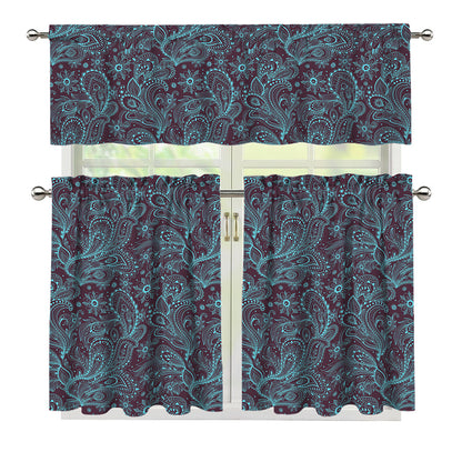 Turquoise Paisley Pattern Print 3 Piece Kitchen Curtains