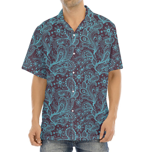 Turquoise Paisley Pattern Print Aloha Shirt
