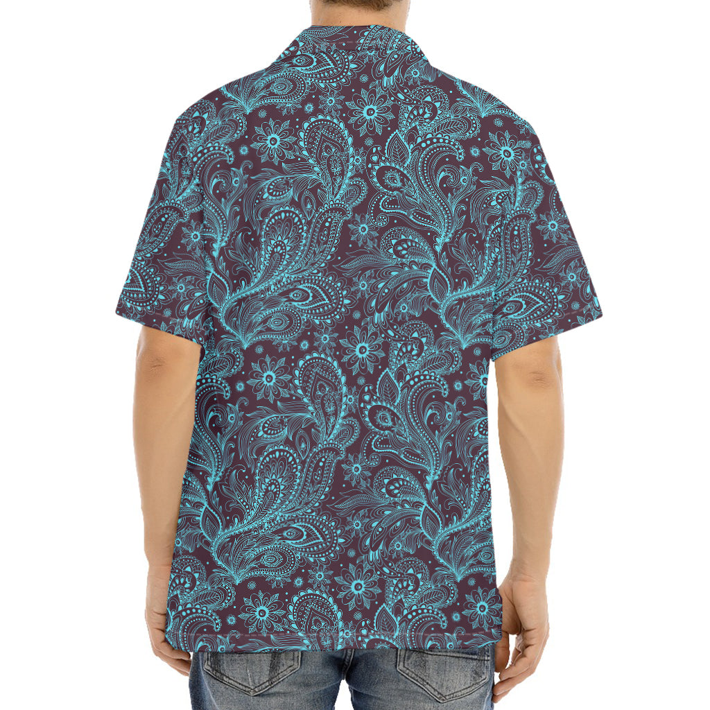 Turquoise Paisley Pattern Print Aloha Shirt