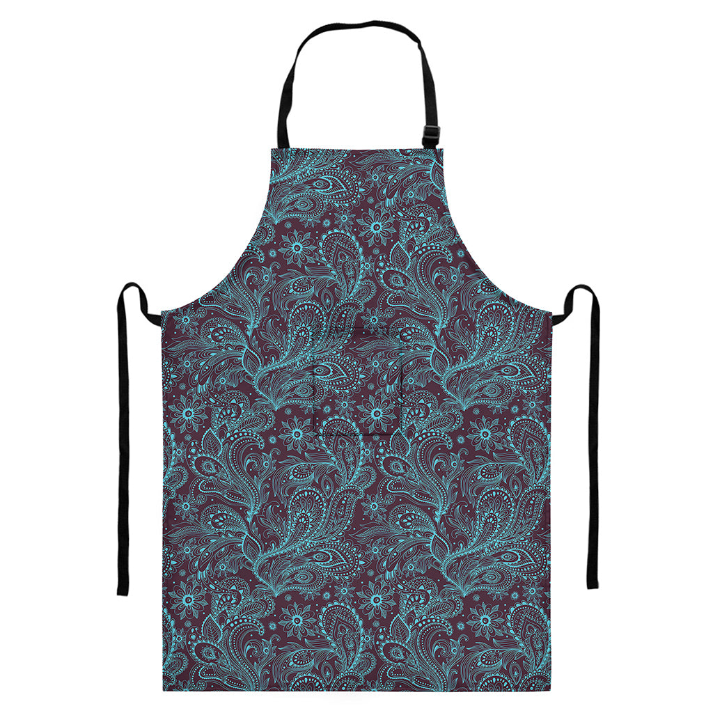 Turquoise Paisley Pattern Print Bib Apron With Pocket