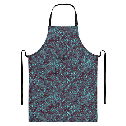 Turquoise Paisley Pattern Print Bib Apron With Pocket