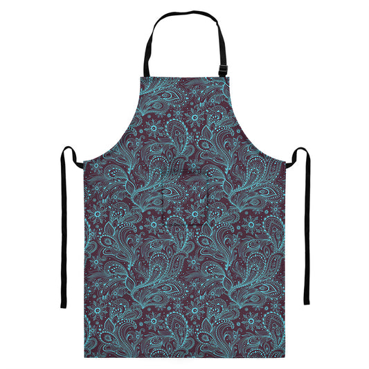 Turquoise Paisley Pattern Print Bib Apron With Pocket