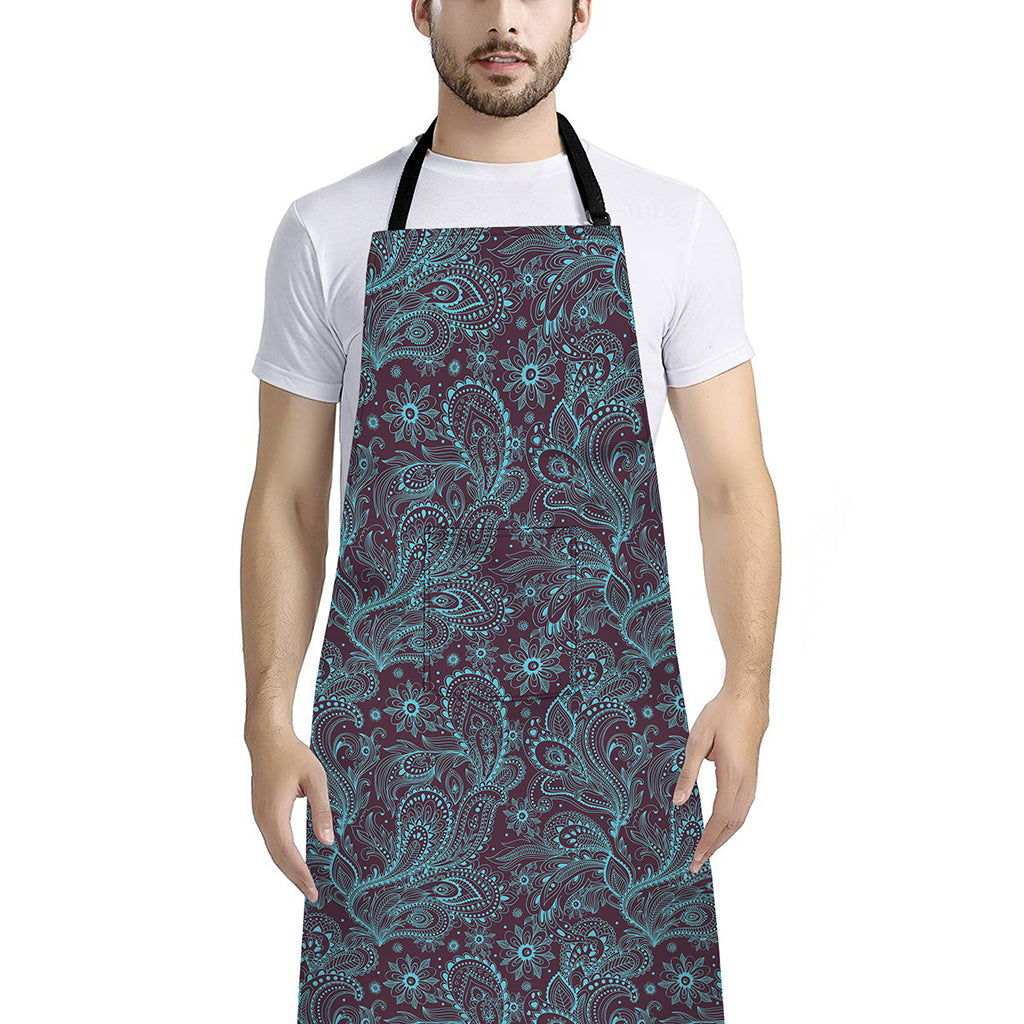 Turquoise Paisley Pattern Print Bib Apron With Pocket