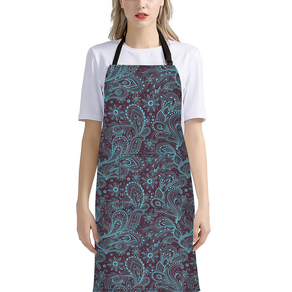 Turquoise Paisley Pattern Print Bib Apron With Pocket