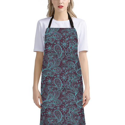 Turquoise Paisley Pattern Print Bib Apron With Pocket
