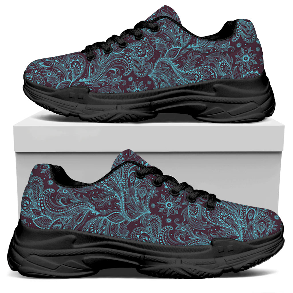 Turquoise Paisley Pattern Print Black Chunky Shoes