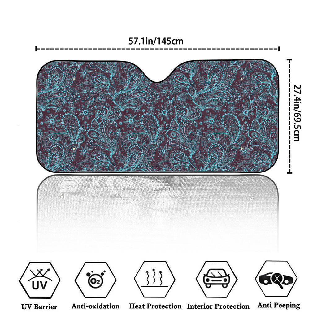 Turquoise Paisley Pattern Print Car Windshield Sun Shade
