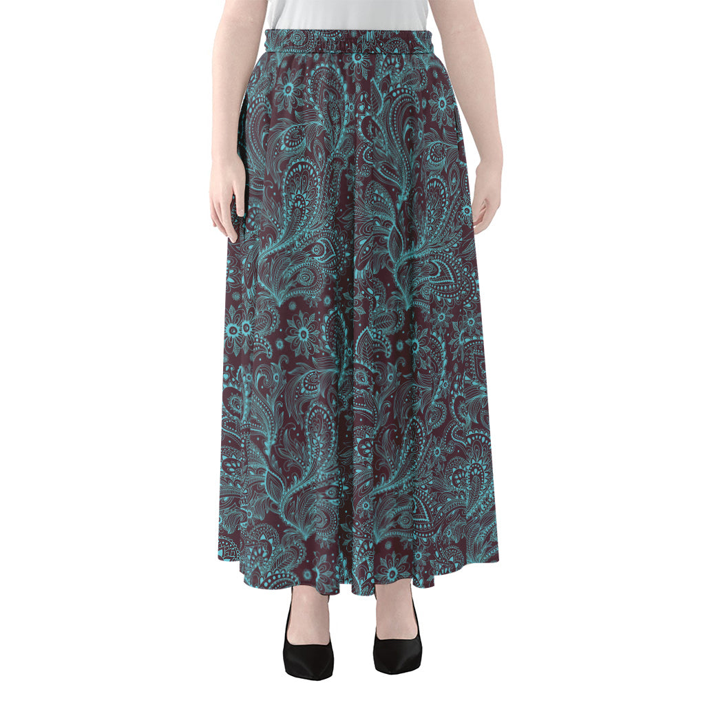 Turquoise Paisley Pattern Print Chiffon Maxi Skirt