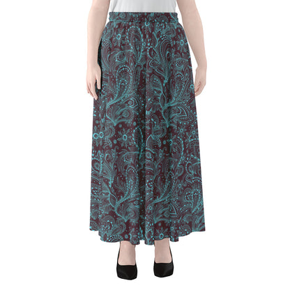 Turquoise Paisley Pattern Print Chiffon Maxi Skirt