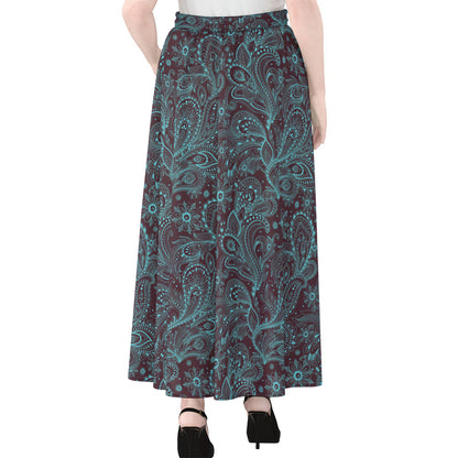 Turquoise Paisley Pattern Print Chiffon Maxi Skirt
