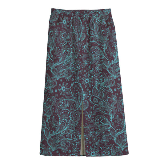 Turquoise Paisley Pattern Print Cotton Front Slit Maxi Skirt